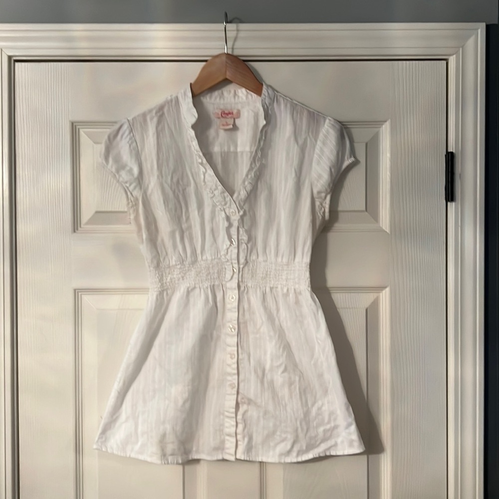 Cupped Sleeves White Button Down Ruffle Trim around Collar Vertical Stripes